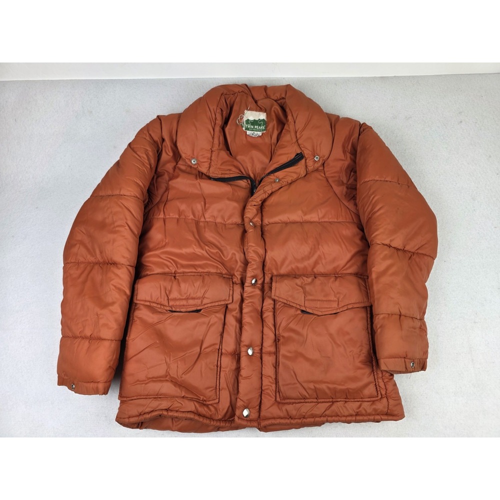 Vintage Twin Peaks Jacket Men's Medium Orange Puffer Outdoor Made In The USA Zip